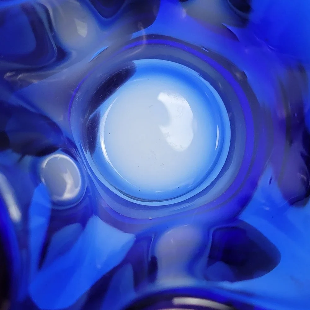 Vintage Cobalt Blue Art Glass Handkerchief Vase Hand Blown Mid Century Style